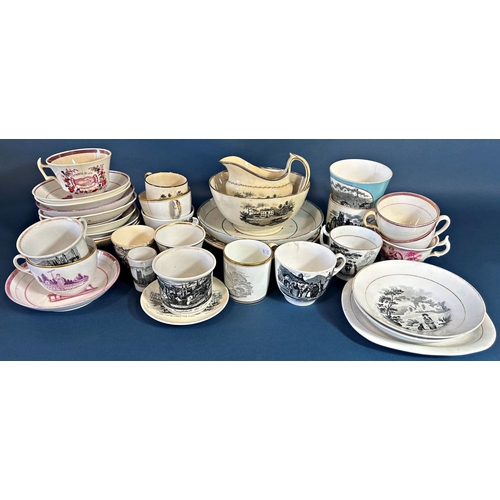 1118 - A collection of 19th century printed mugs, cups and plates showing Whitby Abbey, rural houses, Welsh... 