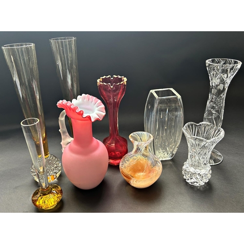 1187 - A mixed selection of glassware comprising a pink crimped jug, a bohemian red crenulated vase, pair o... 