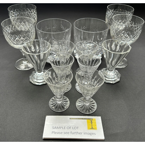 1196 - A cut glass Gin decanter with Greek key pattern, five heavy cut glass tumblers, together with a quan... 