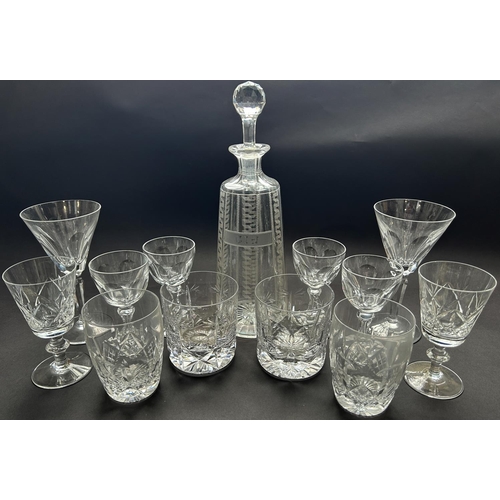 1196 - A cut glass Gin decanter with Greek key pattern, five heavy cut glass tumblers, together with a quan... 