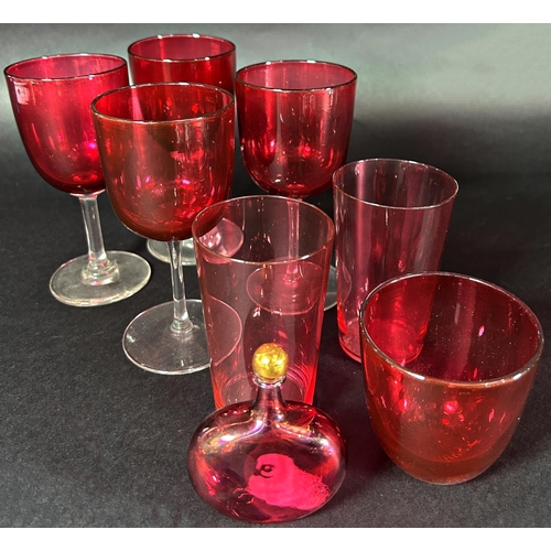 1197 - Nineteen wine glasses in various shades of red and green, two red beakers, a red bowl and little red... 