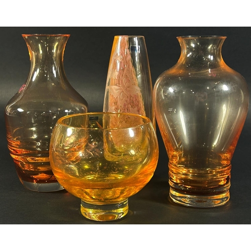 1171 - Four Caithness amber glass vases, six similar champagne bowls, two crimped glass dishes, a Dartingto... 