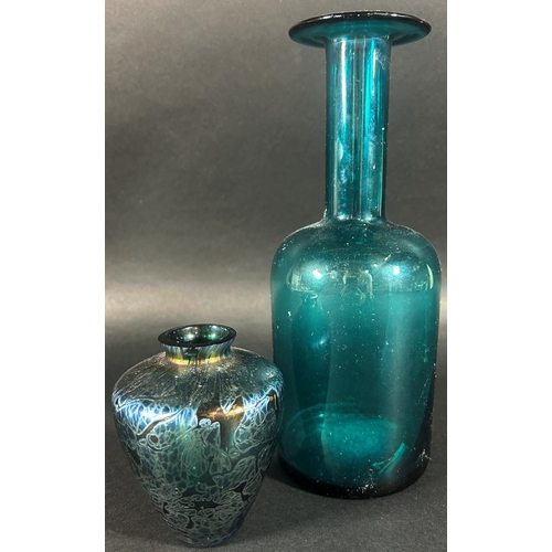 1174 - A Royal Brierly oil slick vase in the Loetz style, 10.5cm tall and a blue glass slender necked caraf... 