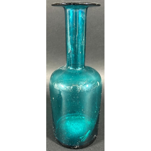 1174 - A Royal Brierly oil slick vase in the Loetz style, 10.5cm tall and a blue glass slender necked caraf... 