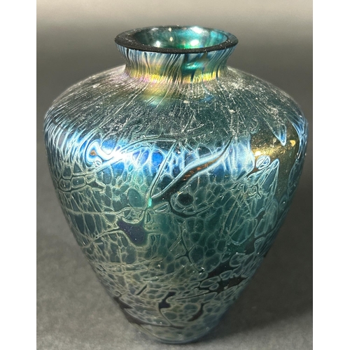 1174 - A Royal Brierly oil slick vase in the Loetz style, 10.5cm tall and a blue glass slender necked caraf... 