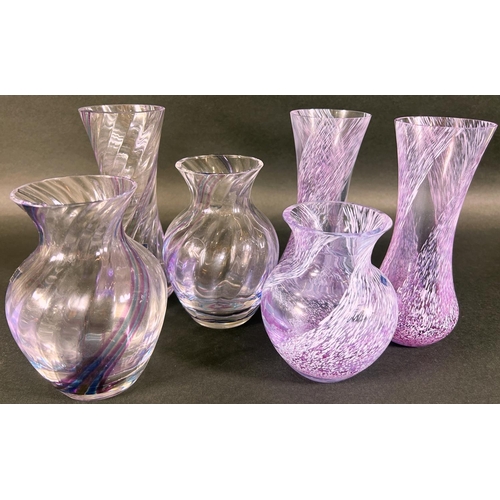 1176 - Six examples of Caithness glass vases from the Flamenco collection, all in lilac with spiral decorat... 