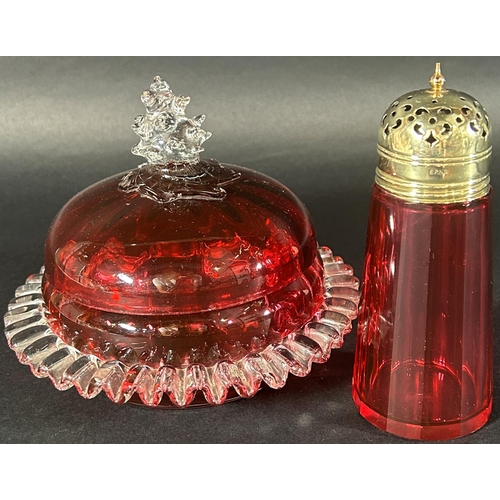 1181 - a Waterford crystal carafe and six pale green wine glasses, a ruby red crimped dish with a cover and... 