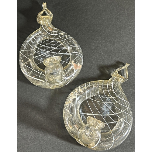 1185 - A pair of Venetian glass circular oil lamps with pulled finials, 16cm x 12cm