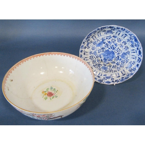 1063 - 19th century Japanese blue and white dish with hand painted floral detail and a late 18th century Fa... 