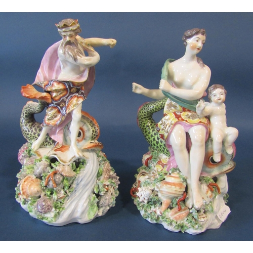 1088 - 18th century Derby porcelain figure of Neptune standing beside a dolphin upon a shell encrusted base...