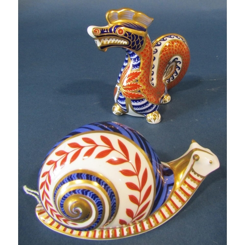 1092 - A Crown Derby snail (gold stopper)and a Crown Derby dragon (gold stopper) (2)