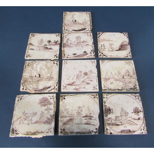 1094 - Ten 18th century manganese tiles with character and landscape detail