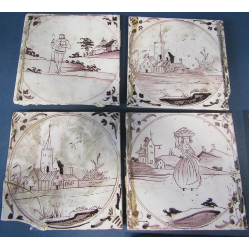 1094 - Ten 18th century manganese tiles with character and landscape detail