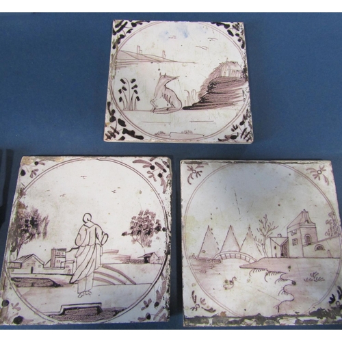 1094 - Ten 18th century manganese tiles with character and landscape detail