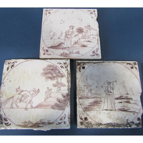 1094 - Ten 18th century manganese tiles with character and landscape detail