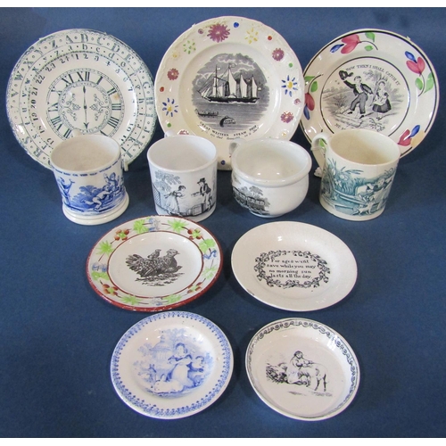 1098 - A collection of 19th century children's mugs, one example from the Whitehaven Pottery showing puffin... 