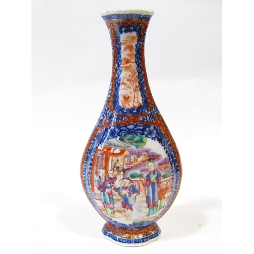 1060 - 18th century Chinese bottle shaped vase, the panels showing characters upon a veranda within blue an... 