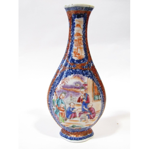 1060 - 18th century Chinese bottle shaped vase, the panels showing characters upon a veranda within blue an... 