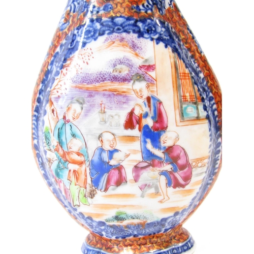 1060 - 18th century Chinese bottle shaped vase, the panels showing characters upon a veranda within blue an... 