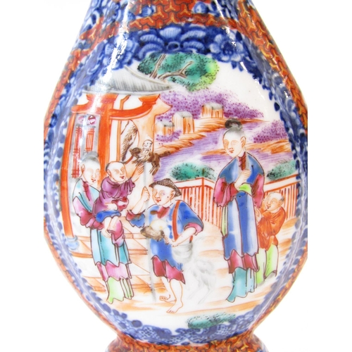 1060 - 18th century Chinese bottle shaped vase, the panels showing characters upon a veranda within blue an... 