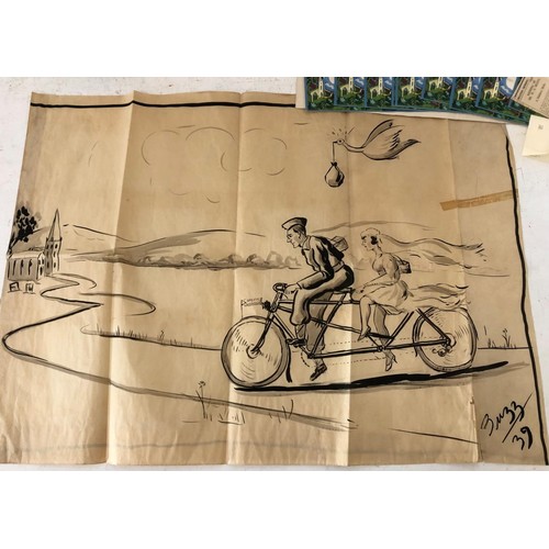 129 - A Group of items to include: 1939 cartoon signed 'Buzz' and dated lower right, ink on folded paper ,... 