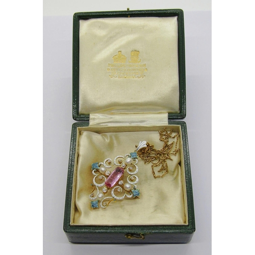 1425 - Exquisite mid-Victorian Renaissance Revival enamelled pendant / brooch set with pink topaz, diamonds... 