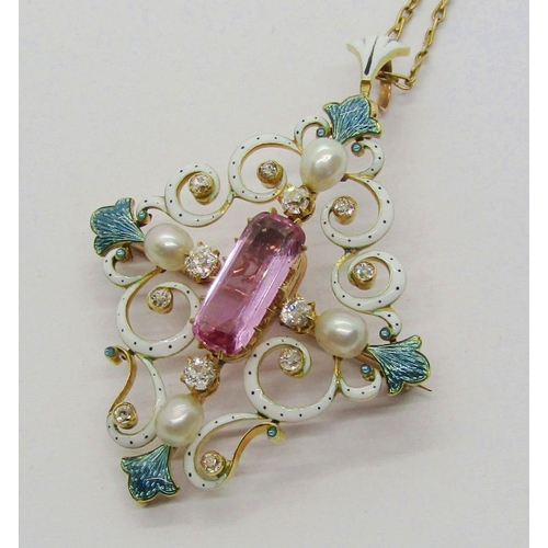 1425 - Exquisite mid-Victorian Renaissance Revival enamelled pendant / brooch set with pink topaz, diamonds...