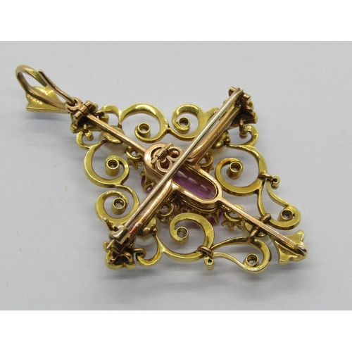 1425 - Exquisite mid-Victorian Renaissance Revival enamelled pendant / brooch set with pink topaz, diamonds... 