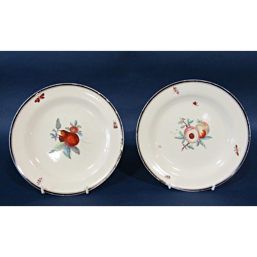 1123 - Two 18th century hand painted creamware dishes showing fruit and insects together with a further col... 