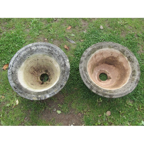 2003 - A pair of weathered cast composition stone circular flared garden urns, with lattice detail, 48cm di... 