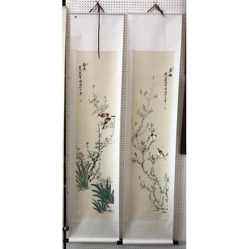 99 - Pair of Chinese scroll paintings of birds on branches, ink and watercolour on paper, both bearing tw... 