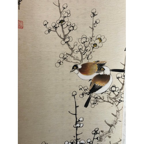 99 - Pair of Chinese scroll paintings of birds on branches, ink and watercolour on paper, both bearing tw... 