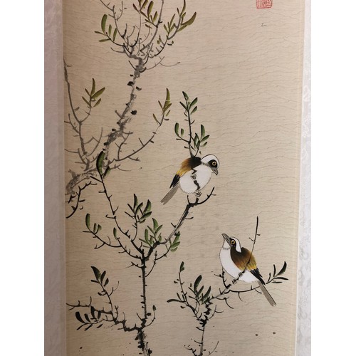 99 - Pair of Chinese scroll paintings of birds on branches, ink and watercolour on paper, both bearing tw... 