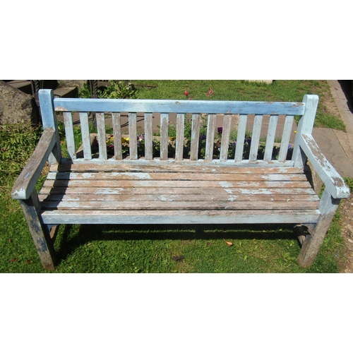 2058 - A vintage heavy gauge light blue painted and weathered teak garden bench with slatted seat and back,... 