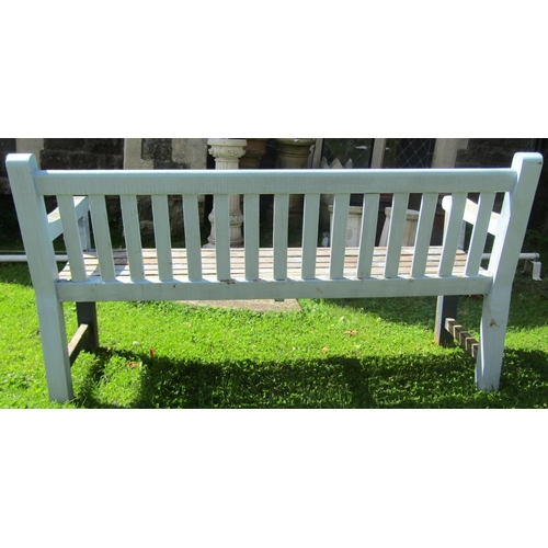 2058 - A vintage heavy gauge light blue painted and weathered teak garden bench with slatted seat and back,... 