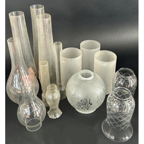 1193 - A large selection of Victorian oil lamps, glass fruits and shades, and other types of glass light sh... 