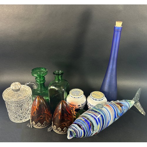 1207 - A multi coloured striped Murano blown glass fish, a frosted blue tall long neck bottle, a biscuit ba... 