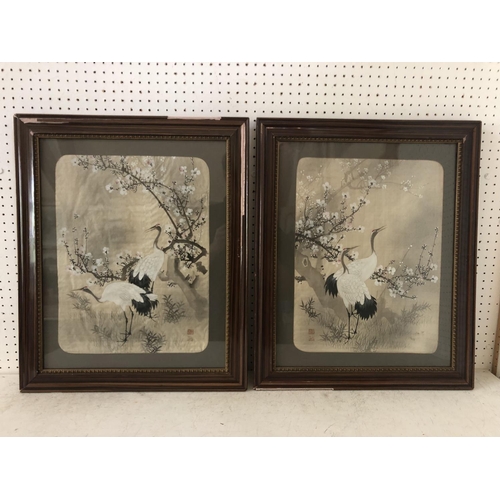 100 - Pair of 20th Century Chinese Paintings of Red-crowned Cranes and Blossom, watercolour on silk bearin... 