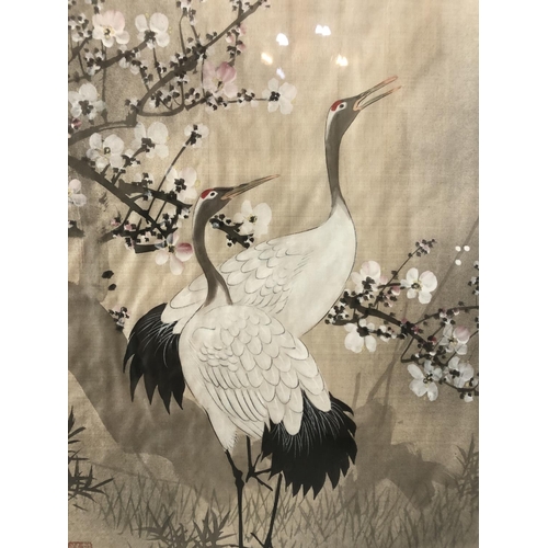 100 - Pair of 20th Century Chinese Paintings of Red-crowned Cranes and Blossom, watercolour on silk bearin... 