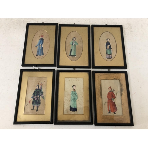 Six 19th century Chinese watercolour paintings on rice paper of figures, to include: Three women in robes; male court official wearing summer hat; soldier carrying spear and azure dragon Qing dynasty flag; archer in red robes holding a bow, approx. 18 x 9.5 cm each, framed as a set, three with oval gilt slips and three rectangular (6)