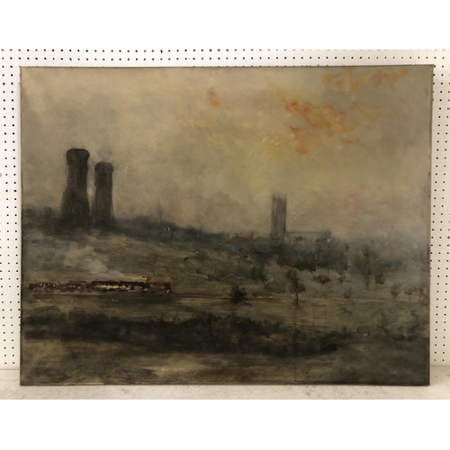 109 - 20th century Tonalist school - Landscape with a steam train, dark chimneys and a church in the backg... 