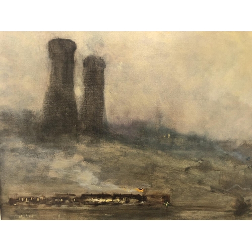 109 - 20th century Tonalist school - Landscape with a steam train, dark chimneys and a church in the backg... 