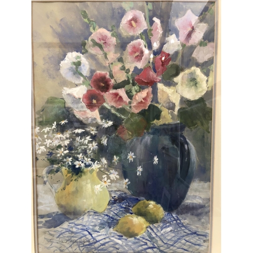 116 - Jane Lampard (Local Artist, Contemporary) - Jugs of Flowers and Lemons, mixed media on paper, signed... 