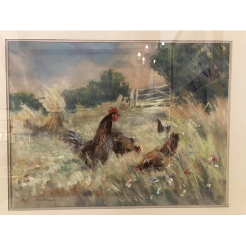 117 - Jane Lampard (Local Artist, Contemporary) - Chickens Grazing, chalk and pastel on paper, signed in p... 