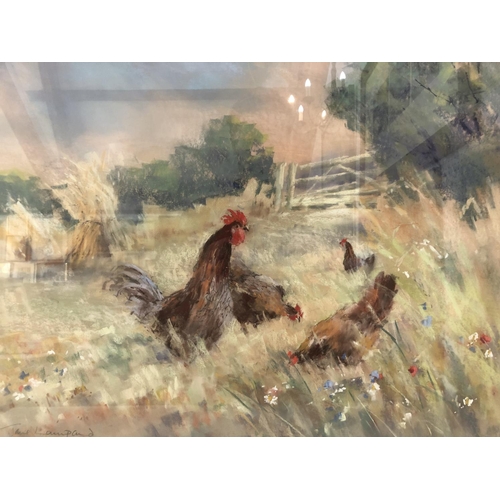 117 - Jane Lampard (Local Artist, Contemporary) - Chickens Grazing, chalk and pastel on paper, signed in p... 