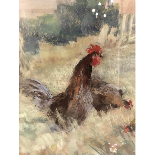 117 - Jane Lampard (Local Artist, Contemporary) - Chickens Grazing, chalk and pastel on paper, signed in p... 