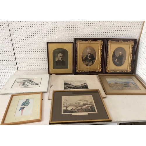 125 - A group of prints and paintings to include: A pair of hand-tinted Victorian photographs of gentlemen... 