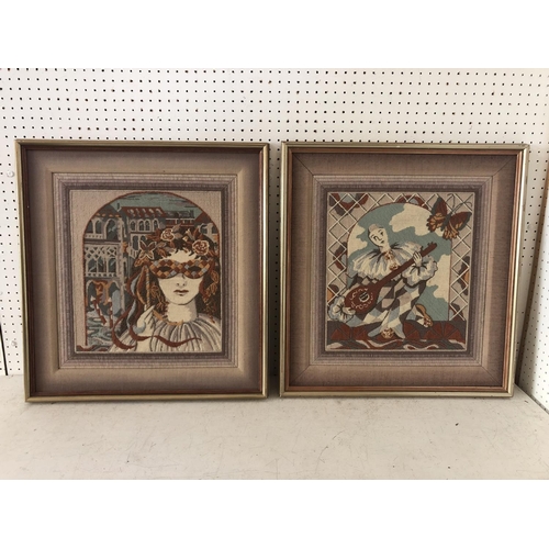 63 - Two Tapestries Depicting Venetian Harlequins, in polychrome wool, 50 x 47 cm, framed as a pair (2)