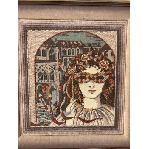 63 - Two Tapestries Depicting Venetian Harlequins, in polychrome wool, 50 x 47 cm, framed as a pair (2)