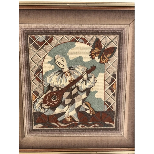 63 - Two Tapestries Depicting Venetian Harlequins, in polychrome wool, 50 x 47 cm, framed as a pair (2)